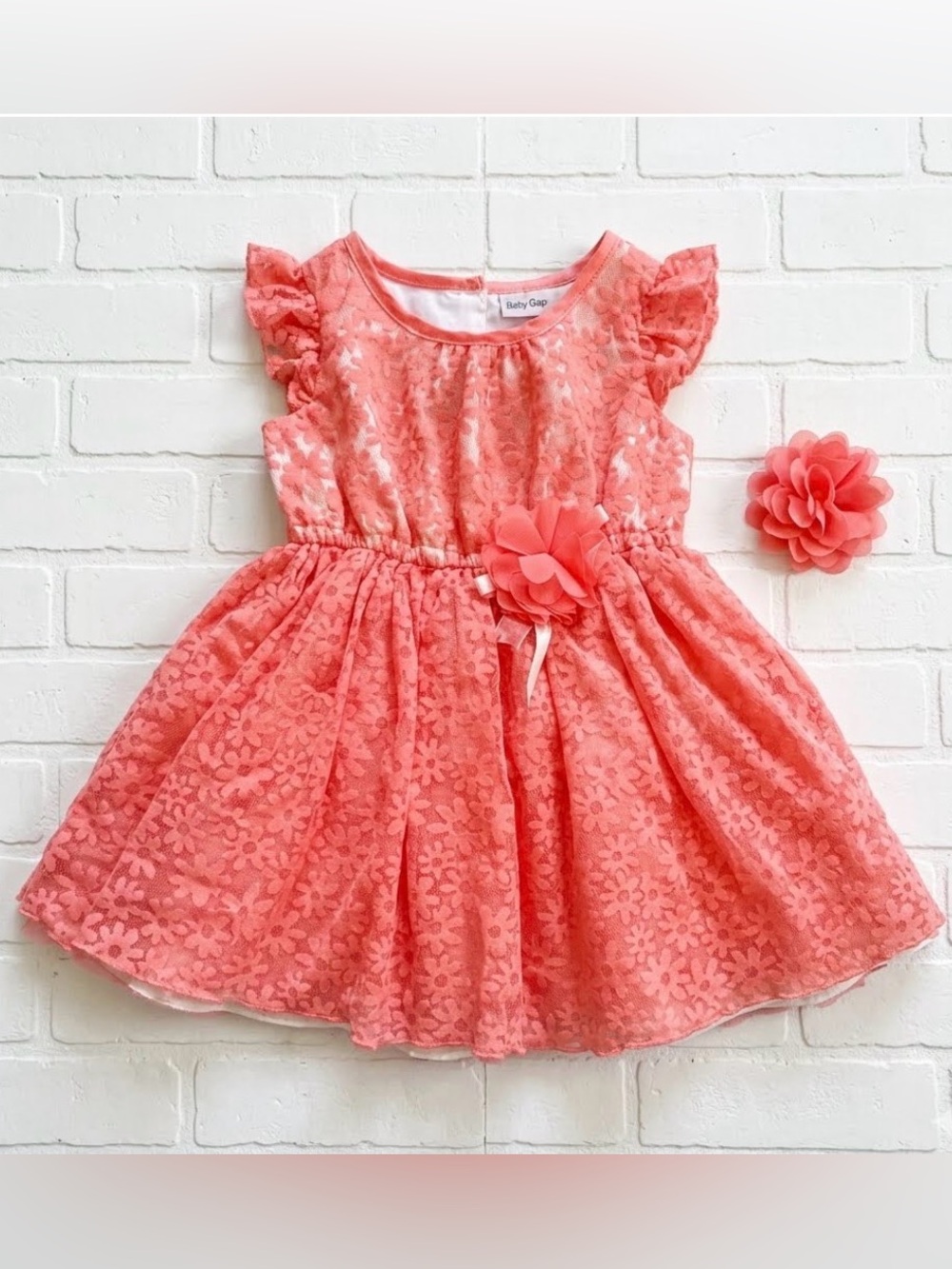 bloom Coral Pink Lace Floral Party Dress with Flower Accent